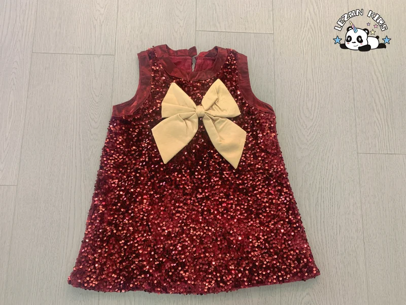 LEZONKIDS - Hot Sale Sleeveless Sequined Customized Color Red Party Elegant Bow Velvet Girls Dresses for Winter